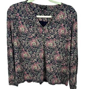 Lucky Brand Paisley Long Sleeve Qtr. Button Up Neck Casual Top, Size S, EUC